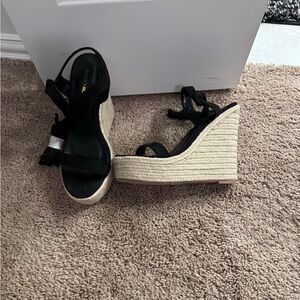 Fashion Nova Black and Tan Wedge Sandals